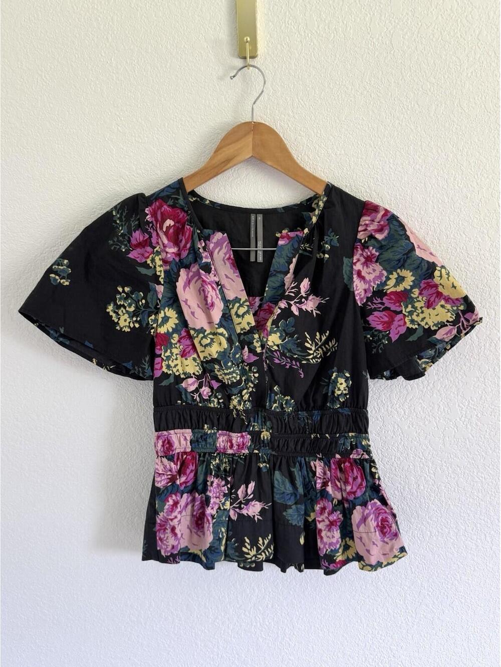 Anthropologie Somerset Blouse Large Womens Floral Cotton Peplum Waist